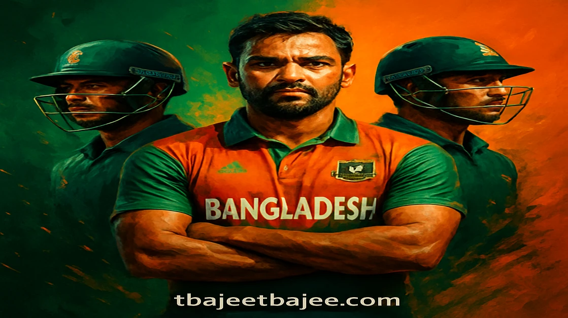 বাংলাদেশের ক্রিকেট দল মাঠে নড়াচড়া করছে, tbajee গেমিং অপশন ও লাইভ ম্যাচ পরিসংখ্যান স্ক্রীনে প্রদর্শিত হচ্ছে।
