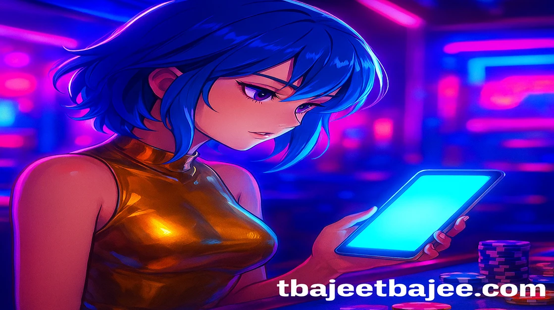 উজ্জ্বল এনিমেটেড চরিত্রটি tbajee অনলাইন গেমিং প্ল্যাটফর্মটি মোবাইল স্ক্রিনে ইন্টারঅ্যাক্ট করছে, বহু রঙিন গেমের মধ্যে থেকে পছন্দ বেছে নিচ্ছে।